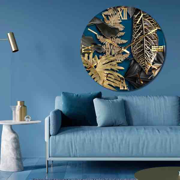 Orologio Foglie oro Sfondo Blu