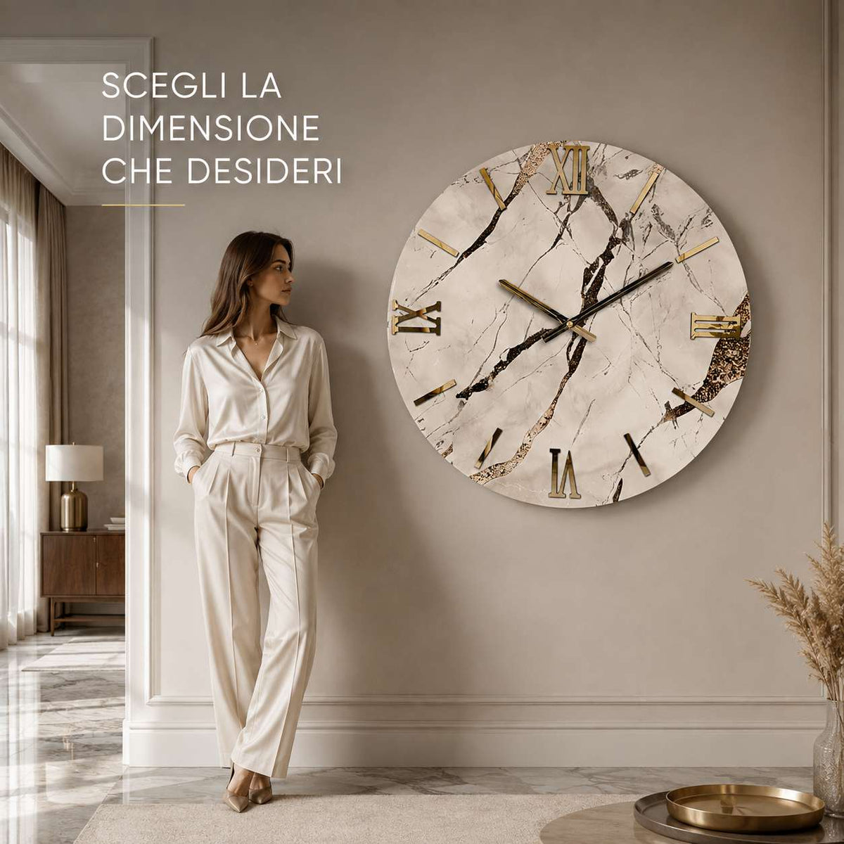 Orologio da parete circolare Elegante color crema effetto marmo con inserti oro3