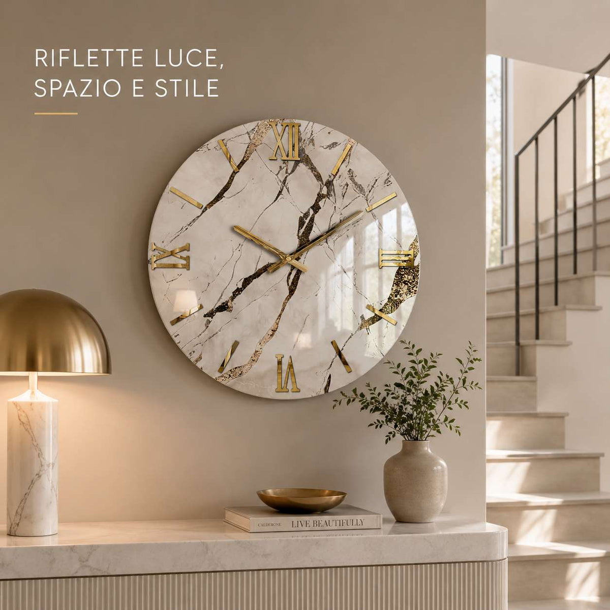Orologio da parete circolare Elegante color crema effetto marmo con inserti oro4