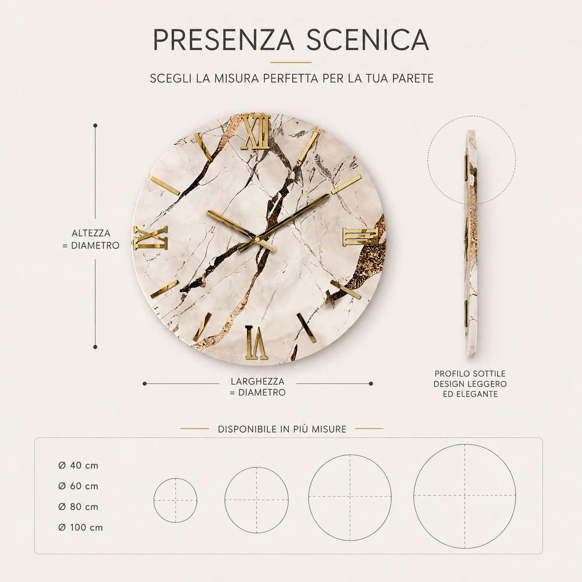 Orologio da parete circolare Elegante color crema effetto marmo con inserti oro5