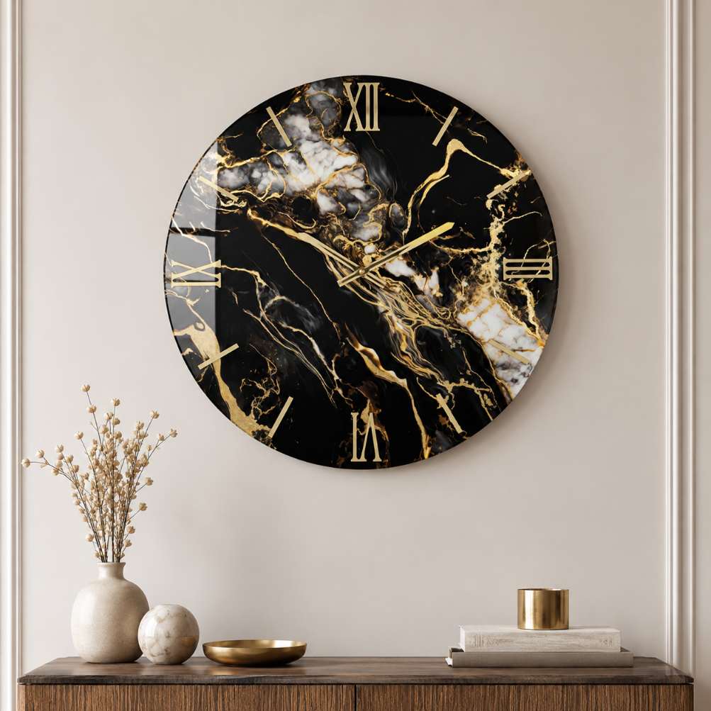 Orologio da parete circolare Fluido effetto marmo nero con inserti oro1