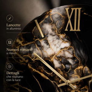 Orologio da parete circolare Fluido effetto marmo nero con inserti oro2