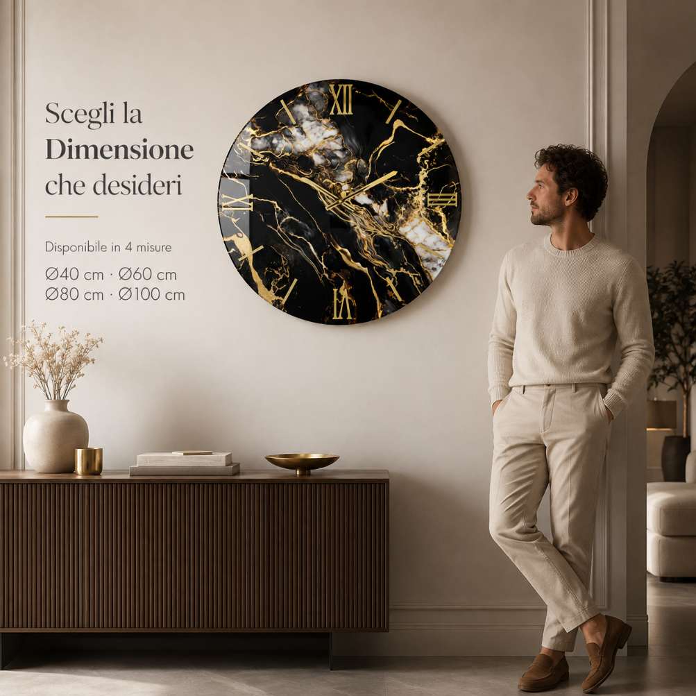 Orologio da parete circolare Fluido effetto marmo nero con inserti oro3