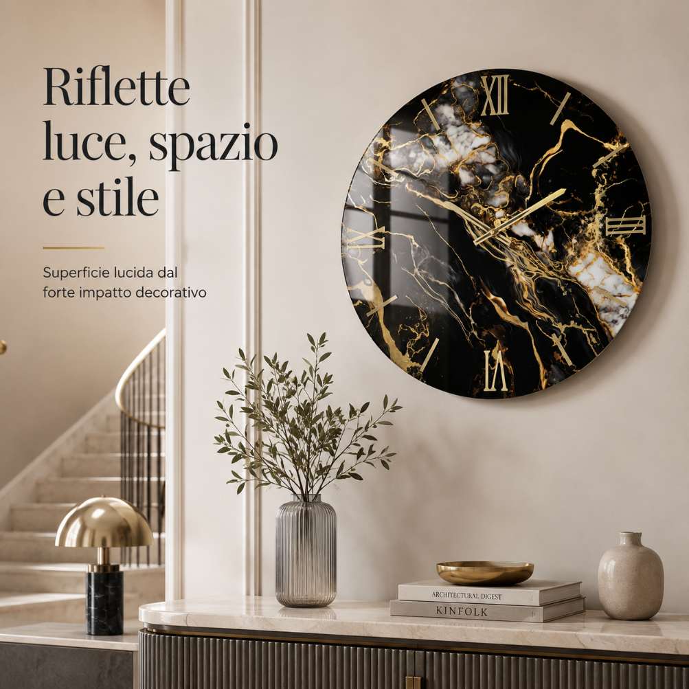Orologio da parete circolare Fluido effetto marmo nero con inserti oro4