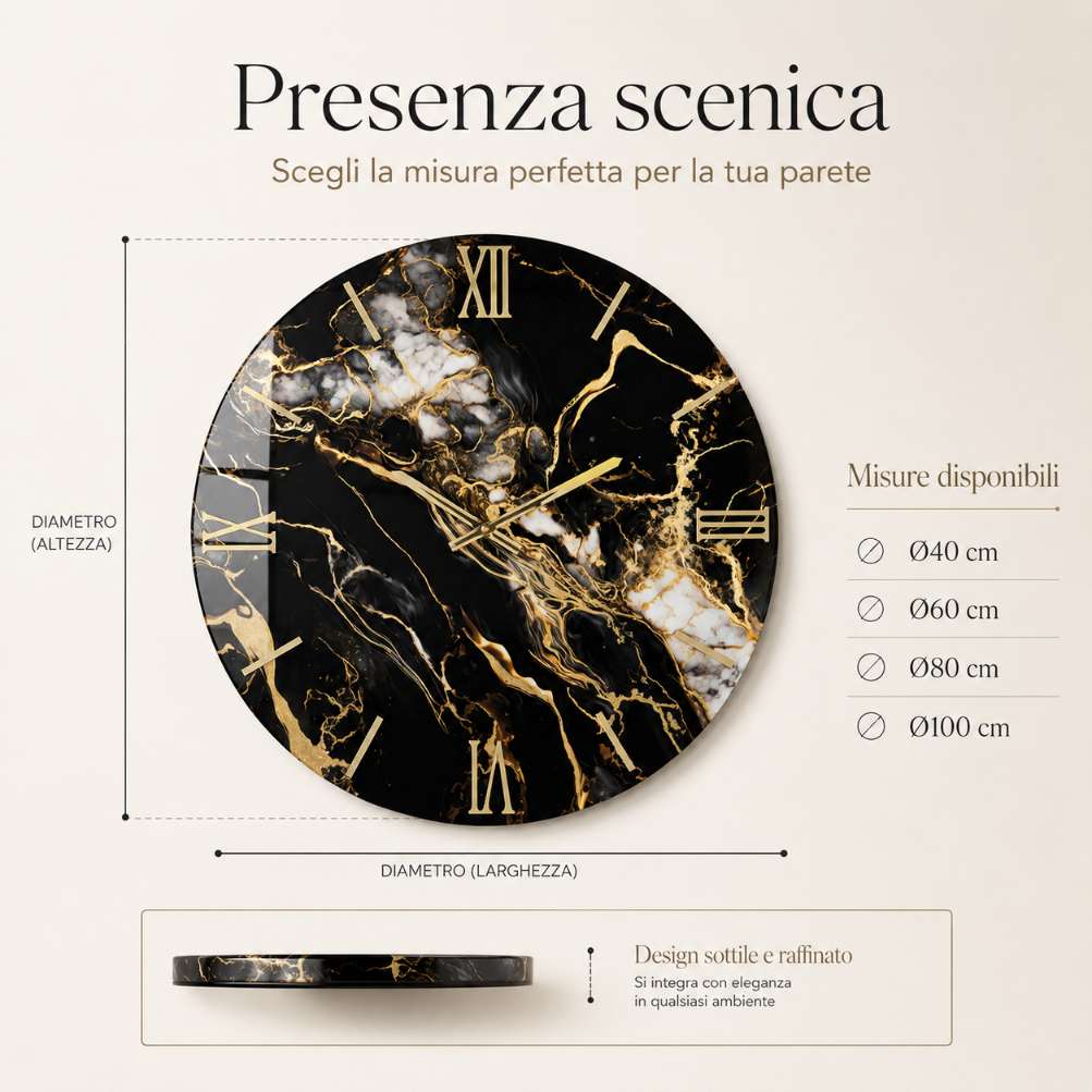 Orologio da parete circolare Fluido effetto marmo nero con inserti oro5
