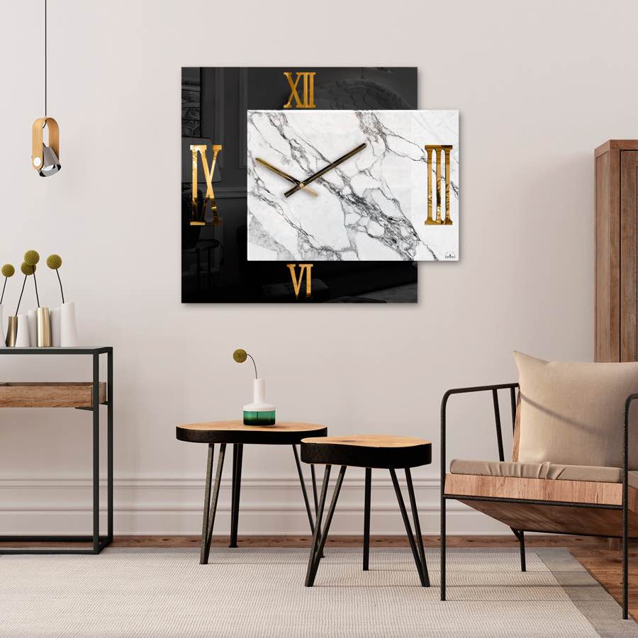 Orologio design quadrato specchio fumè e marmo bianco