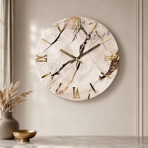 Orologio da parete circolare elegante color crema effetto marmo con inserti oro