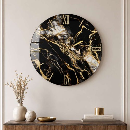 Orologio da parete circolare fluido effetto marmo nero con inserti oro
