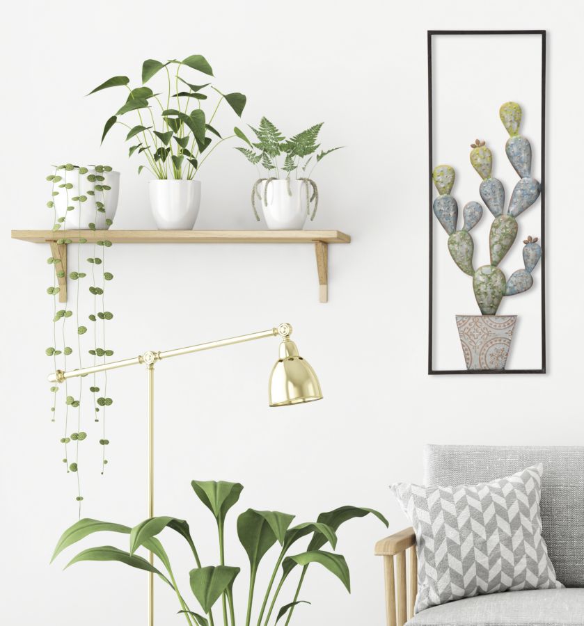 Urban jungle style livingroom with gray sofa, golden lamp and plants in pots on white wall background. 3d rendering.